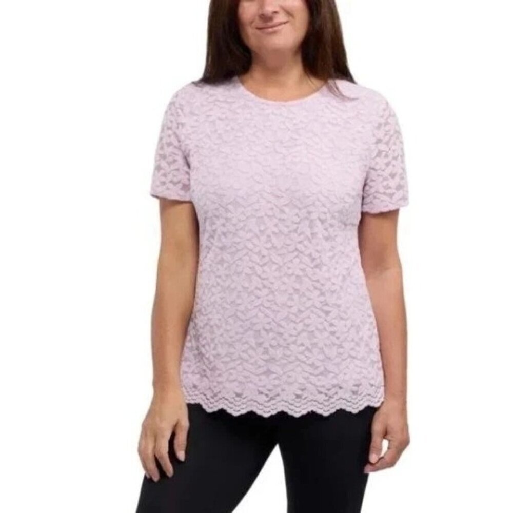 Teddi Rose Women's L Lavender Lace Short Sleeve Top Scalloped Hem Floral n1154